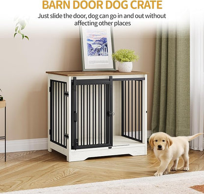 Hzuaneri 27.2" Dog Crate Furniture with Barn Door, Heavy Duty Dog Kennel Indoor with 2 Doors, Wooden Pet Cage End Table for Small Medium Dogs up to 22 lb, Anti-Chew Anti-Escape, White Brown DFC84314B