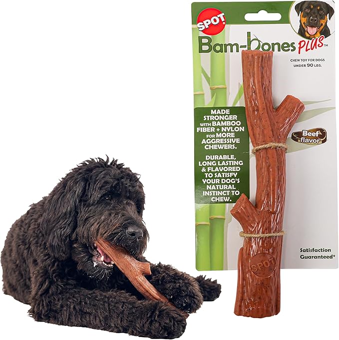 SPOT Bam-Bones Plus Branch -Bamboo Fiber & Nylon, Durable Long Lasting Dog Chew for Aggressive Chewers – Great Toy for Adult Dogs & Teething Puppies Under 90lbs, Non-Splintering, 9.5in, Beef Flavor