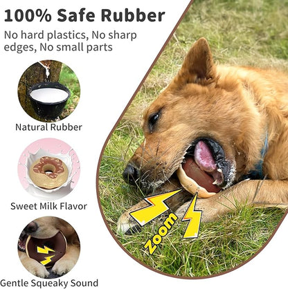 Dog Toys for Aggressive Chewers, Indestructible Squeaky Chew Toy to Keep Them Busy, Interactive Rubber Donut with Milk Flavor & Bounce, Teeth Cleaning for Small Medium Large Breed, Brown