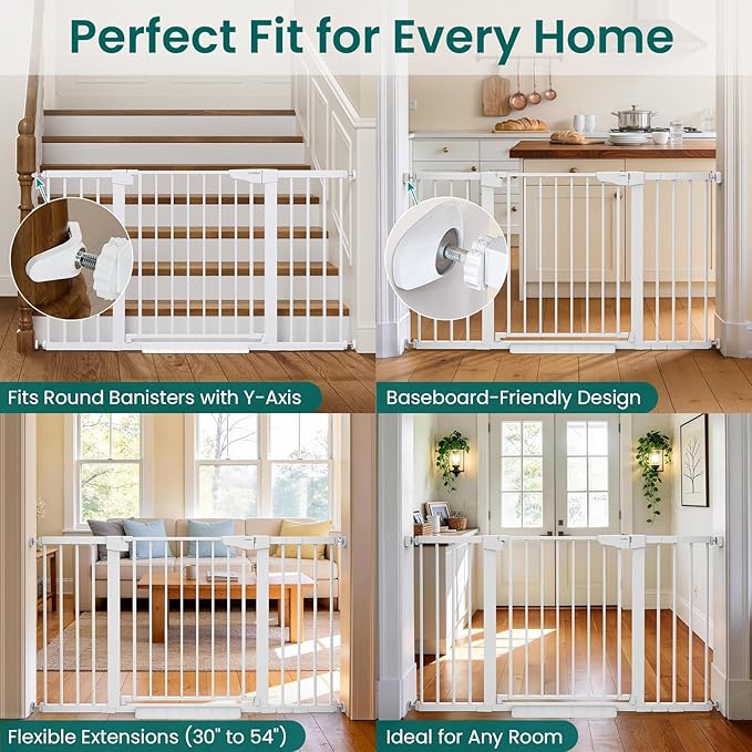 Cumbor 2-Pack Baby & Dog Gates Bundle, 29.7-48" & 30-54" Extra Wide Safety Gates for Stairs Doorways Hallways, Dual Lock Auto Close Easy Install Pet Gate, White