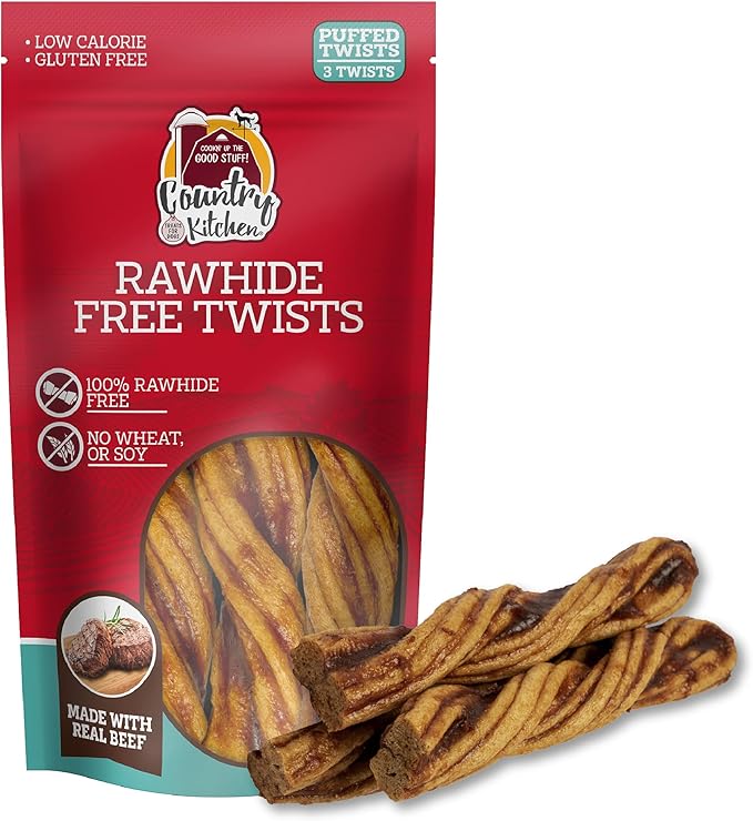 Country Kitchen Rawhide Free Beef Twists Dog Chews, Made with Real Beef, Highly Digestible, Gluten Free, 3 Count