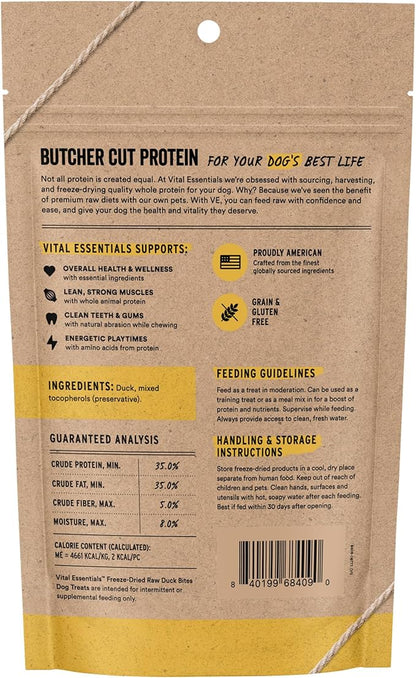 Vital Essentials Freeze Dried Dog Treats | Duck Bites, Single Protein | Premium Quality | Grain Free Training Treats for Dogs, 2 oz Bag