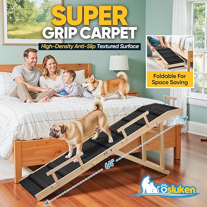 Dog Ramp for Bed with Rails, 64" Long Foldable Pet Ramp for Small Large Dogs, Dog Ramps for High Beds with Safety Side Railng, 6 Adjustable Heights 24" to 30" Up to 220LBS (Black, 64" X 17inch)