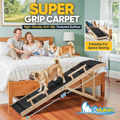 Dog Ramp for Bed with Rails, 64" Long Foldable Pet Ramp for Small Large Dogs, Dog Ramps for High Beds with Safety Side Railng, 6 Adjustable Heights 24" to 30" Up to 220LBS (Black, 64" X 17inch)