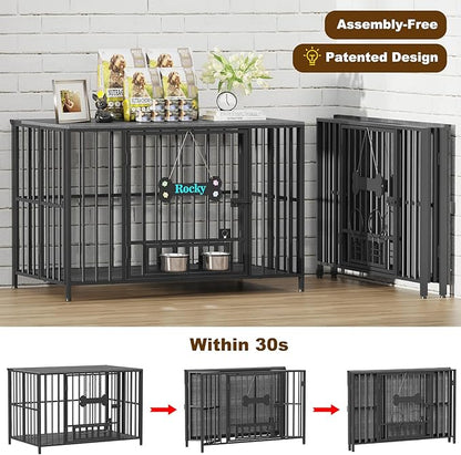 Easycom 43" Dog Crate Furniture Foldable, No Assembly Decorative Dog Kennel Indoor, XL Dog Crates for Large Dogs (60-80 lbs), Wooden Dog Cage with Adjustable Bowls and Name Tag, Dark Grey