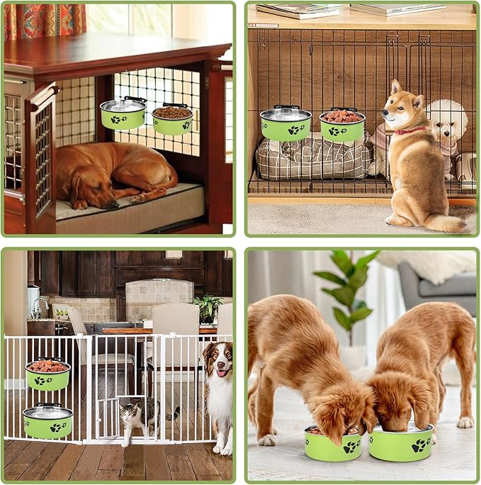 Dog Crate Bowls, ShineMe Stainless Steel Dog Kennel Bowls for Crates, Spill Proof Dogs Dishes that Attach to Crate Kennel Cage for Small Medium Size Dogs Cats, Set of 2, Green (6.2x2.6” & 5.5x2.4”)