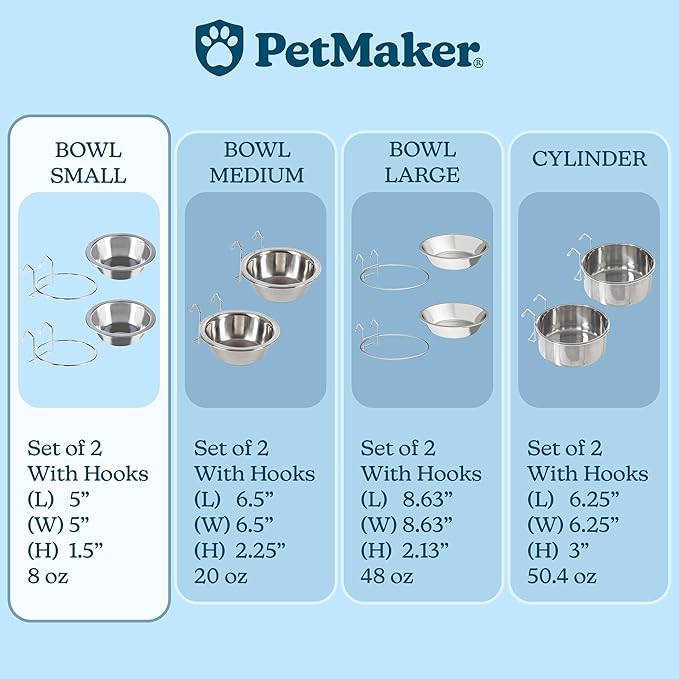 Set of 2 Stainless-Steel Dog Bowls - Cage, Kennel, and Crate Hanging Pet Bowls for Food and Water - 8oz Each and Dishwasher Safe by PETMAKER, Silver