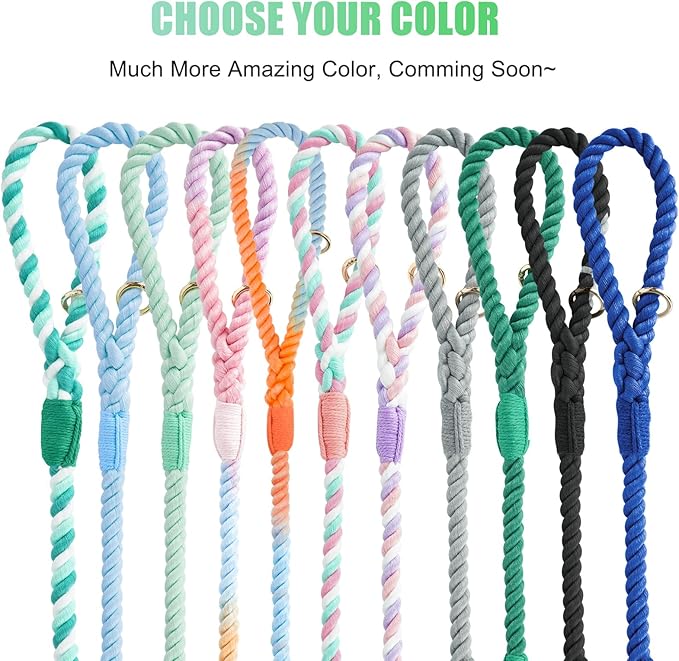 Dog Leash 6 FT Handmade Braided Cotton Rope Leashes for Small Medium and Large Dogs, New Golden Heavy Duty Metal Clasp, Light Green