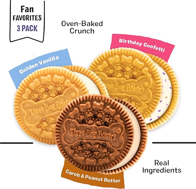 Three Dog Bakery Lick’n Crunch! Fan Favorites Dog Treats Variety Pack, Crunchy Sandwich Dog Cookies with Birthday Cake, Peanut Butter Carob & Vanilla Cream Fillings, 13 oz
