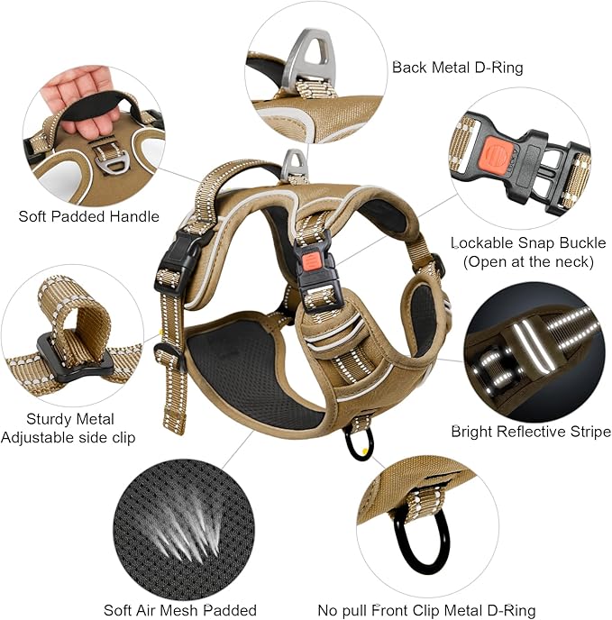 Timos Dog Harness Small Sized, No Pull Pet Harness with Neck Lockable Snap,No Choke Front Clip Dog Reflective Vest,Adjustable Metal Rings 3 Buckles,Easy Control Handle for Small Dogs Khaki S