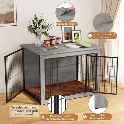 Greesum Modern Dog Crate Furniture That Doubles as a Side Table - Sturdy Wooden Kennel with Double Door Design, Equipped with Soft Cushion & Chew-Resistant Resign, Suitable for Dogs