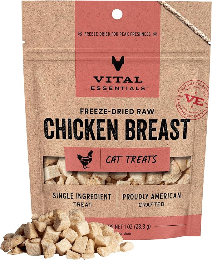 Vital Essentials Freeze Dried Cat Treats | Chicken Breast, Single Ingredient | Premium Quality | Grain Free, Healthy Treats for Cats, 1 oz Bag
