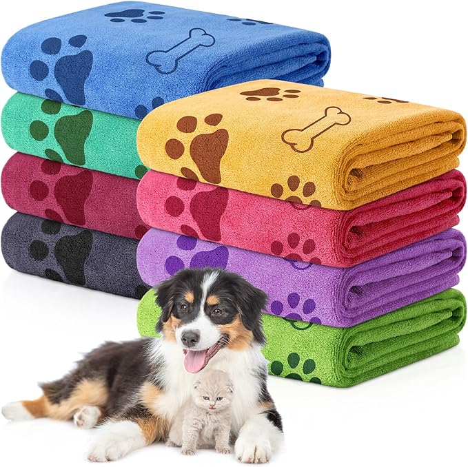 Chumia 8 Pcs Dog Towels for Drying Dogs Cats Pet Towels Bulk Puppy Microfiber Fast Drying Paw Bath Bathing Supplies Absorbent for Medium Pets(40 x 24 Inch,Dog Paw and Bone,Colorful)