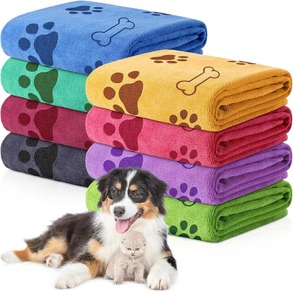 Chumia 8 Pcs Dog Towels for Drying Dogs Cats Pet Towels Bulk Puppy Microfiber Fast Drying Paw Bath Bathing Supplies Absorbent for Medium Pets(40 x 24 Inch,Dog Paw and Bone,Colorful)