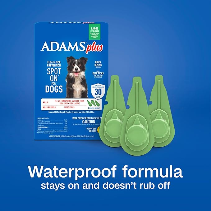 ADAMS Plus Flea & Tick Prevention Spot On for Dogs, Large Dogs, Kills Fleas & Ticks (Brown Dog/Deer Ticks), Kills and Repels Mosquitoes, Prevents Flea Infestations, 3-Month Supply, 3 Pack