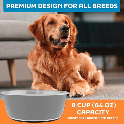 Master Pet Supply Stainless Steel Dog Bowls Set of 2 (64 Oz Each) with Non-Slip Rubber Base - Graphite - Basic Dog Food Bowl Water & Food Bowls for Small Medium Large Dogs & Cats, Metal Dish