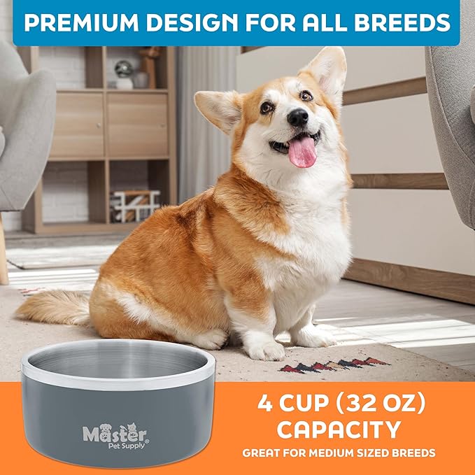 Master Pet Supply Stainless Steel Dog Bowls - 32 oz, Heavy Duty - Graphite, Double Wall Extra-Thick Insulated, Non-Slip Pet Water Bowl for Dogs, Cats & Pets, Anti Rust Metal, Dish Washer Safe