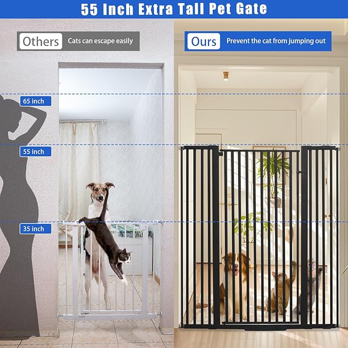 SHYUJAJIE 55 Inch Extra Tall Pet Gate for Cats,29.92"-48" Adjustable Wide Dog Gates,Pressure Mounted Walk Through Tall Pets Gate for Doorways,Hallway,Stairs(Black)