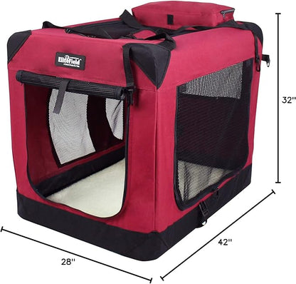EliteField 3-Door Folding Soft Dog Crate with Carrying Bag and Fleece Bed (2 Year Warranty), Indoor & Outdoor Pet Home (42" L x 28" W x 32" H, Maroon)