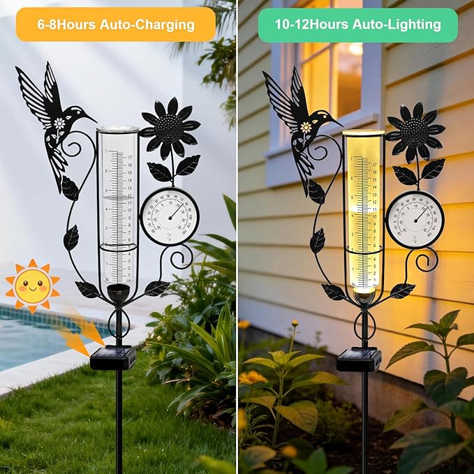 YJFWAL Hummingbird Rain Gauge Outdoor, Decorative Metal Sunflower Solar Rain Gauge with LED Light and Thermometer, Garden Decor for Yard, Lawn, Pathway, Farm