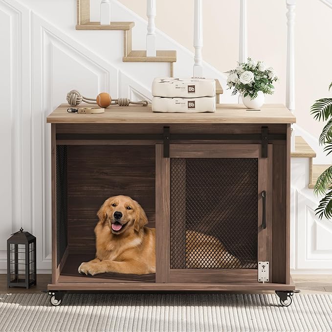 TROPOW Dog Crate Furniture,37 Inch Dog Kennel Furniture, Sliding Barn Door, Flip Top Dog Crate End Table with Removable Divider, Farmhouse Dog Cage for Small to Middle Size Dogs