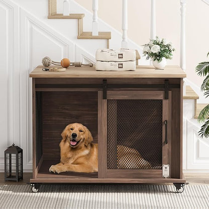 TROPOW Dog Crate Furniture,37 Inch Dog Kennel Furniture, Sliding Barn Door, Flip Top Dog Crate End Table with Removable Divider, Farmhouse Dog Cage for Small to Middle Size Dogs