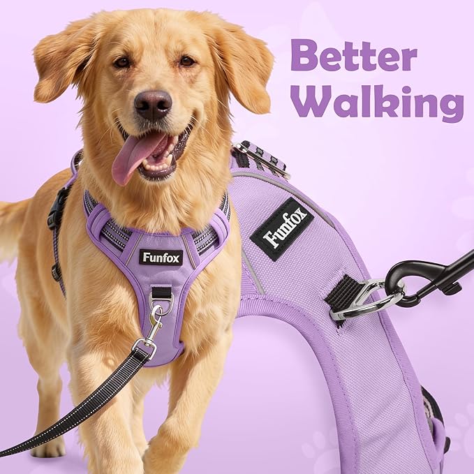 Funfox Dog Harness No Pull, Adjustable Pet Vest Harness, Super Soft Material with Vertical Handle Easy Control, Reflective Night Walking, 2 Leash Clips for Medium Sized Dogs, Purple, M