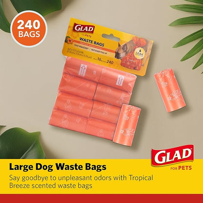Glad for Pets Large Dog Waste Bags, Scented, Tear-Resistant, 16 Rolls | Heavy Duty Dog Poop Bags for Fast and Easy Waste Cleanup | 16 Rolls Waste Bags, 240 Bags Total