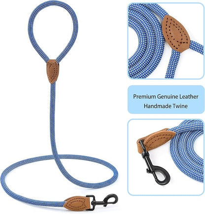 Mile High Life Rope Leash with Genuine Leather Connection, 6 FT/5 FT/4 FT, Heavy Duty Leash for Medium & Large Dogs (Blue White, 72 Inch)