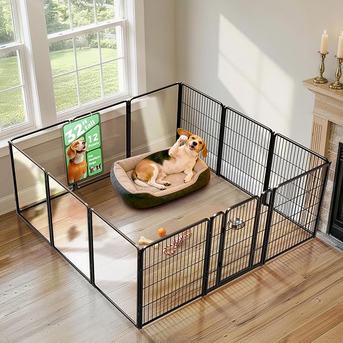 FXW AuraSpace Pro Acrylic & Wire Mesh Indoor Dog Playpen, 32" Height 12 Panels Metal Dog Pen for Small and Medium Dogs, Black│Patented