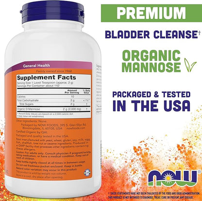 NOW Foods Pure, Organic D-Mannose 10 oz Powder - Bladder Cleanse and Urinary Tract Health Supplement - Non-GMO - Vegan Friendly - 2000mg / 2 Grams per Serving