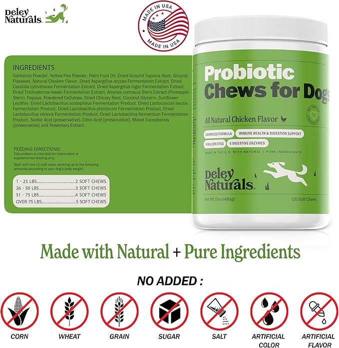 Deley Naturals Dog Probiotic Chews - 4 Billion CFU Probiotics for Dogs with Digestive Enzymes & Prebiotics - Grain Free Soft Chews for Gut Health & Digestive Support - 120 Chicken Chews Made in USA