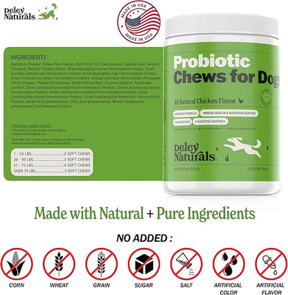 Deley Naturals Dog Probiotic Chews - 4 Billion CFU Probiotics for Dogs with Digestive Enzymes & Prebiotics - Grain Free Soft Chews for Gut Health & Digestive Support - 120 Chicken Chews Made in USA