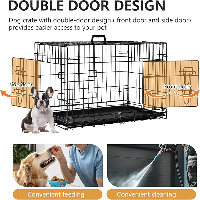 FDW 30-Inch Dog Crate Pet Cage with Metal Folding Design Plastic Tray Indoor Outdoor Dog Kennel Cage for Small and Medium Dogs,Dark Black