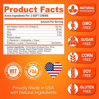 Omega 3 for Dogs - Skin and Coat Supplement - Fish Oil for Dogs Chews - Allergy and Itch Relief - Anti Shedding Supplement - Dry Skin Treatment - Salmon Oil - Made in USA - 120 Soft Treats