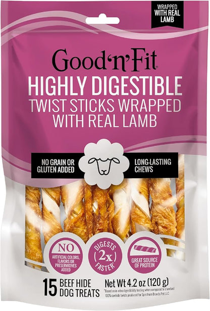 Good 'n' Fit Twist Sticks Made with Real Lamb, 15 Count, Treat Your Dog to Long-Lasting and Highly Digestible Rawhide Chews