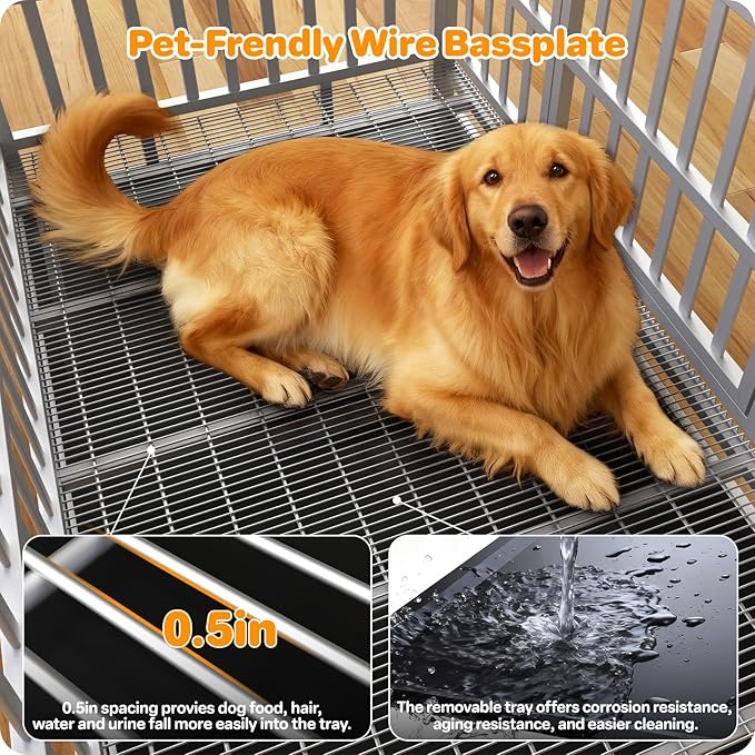 Hiwokk 48 Inch Heavy Duty Dog Crate, Indestructible Escape-Proof Dog Kennel for High Anxiety Large Dogs, Strong Metal Pet Cage with Double Doors, Lockable Wheels & Removable Tray, XL XXL XXXL