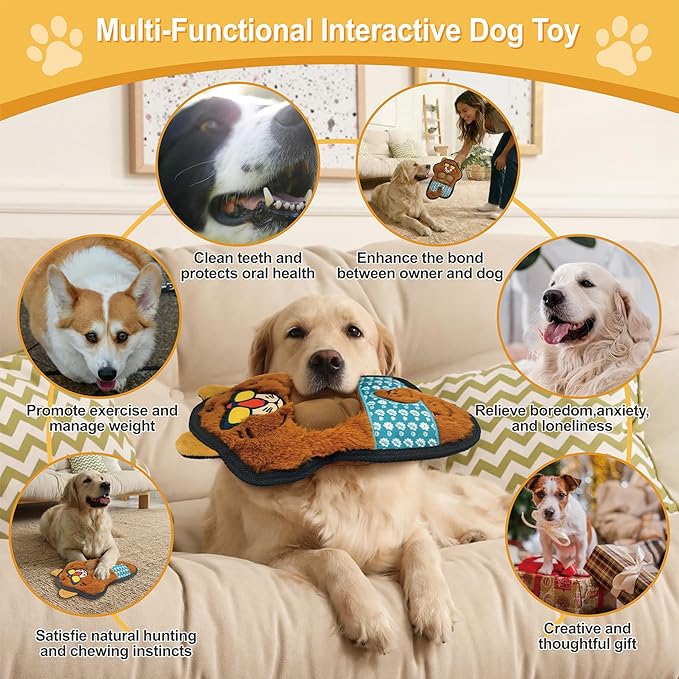 Yellow Tiger Plush Squeaky Dog Toy with TPR Muscles Puppy Teething Chew Toy Cute Soft Funny Stuffed Animal Interactive Fetch Tough Dog Toy for Small Medium Large Dogs Toy Gift 29cm/11.42in