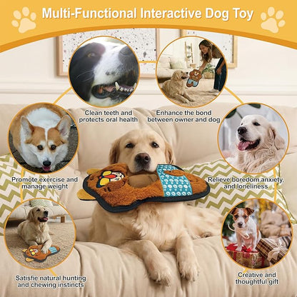 Yellow Tiger Plush Squeaky Dog Toy with TPR Muscles Puppy Teething Chew Toy Cute Soft Funny Stuffed Animal Interactive Fetch Tough Dog Toy for Small Medium Large Dogs Toy Gift 29cm/11.42in