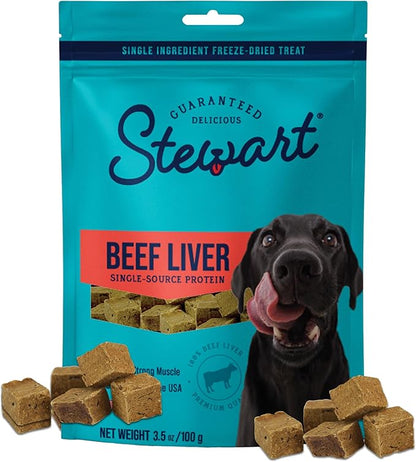 Stewart 100% Beef Liver Dog Treats, 3.5 oz Pouch, ~75 Pieces, Freeze Dried Raw, Single Ingredient, 50% Protein Training Treats or Meal Topper, Grain Free, Gluten Free