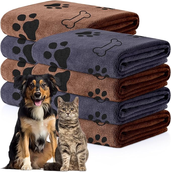 Chumia 8 Pcs Dog Towels for Drying Dogs Cats Pet Towels Bulk Puppy Microfiber Fast Drying Paw Bath Bathing Supplies Absorbent for Medium Pets(40 x 24 Inch,Dog Paw and Bone,Brown, Gray)