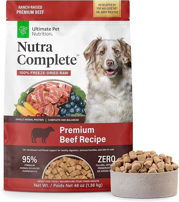 ULTIMATE PET NUTRITION Nutra Complete Freeze Dried Raw Dog Food, Veterinarian Formulated with Antioxidants, Prebiotics & Amino Acids (3 Pound, Beef)