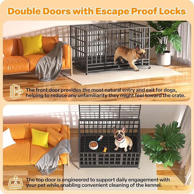 Hiwokk 38 Inch Heavy Duty Dog Crate, Indestructible Escape-Proof Dog Kennel for High Anxiety Large Dogs, Strong Metal Pet Cage with Double Doors, Lockable Wheels & Removable Tray, XL XXL XXXL