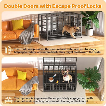Hiwokk 38 Inch Heavy Duty Dog Crate, Indestructible Escape-Proof Dog Kennel for High Anxiety Large Dogs, Strong Metal Pet Cage with Double Doors, Lockable Wheels & Removable Tray, XL XXL XXXL
