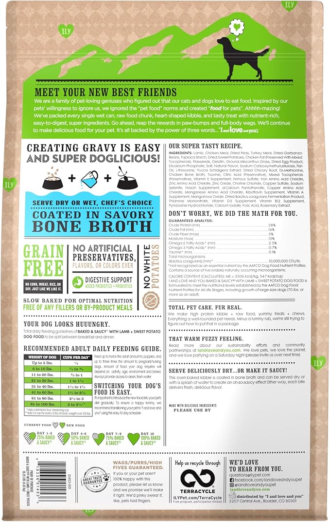 I AND LOVE AND YOU Baked and Saucy Dry Dog Food - Lamb + Sweet Potato - Prebiotic + Probiotic, Real Meat, Grain Free, No Fillers, 10.25lb Bag