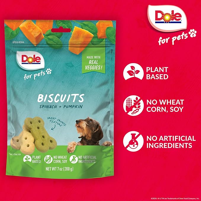 Dole for Pets Dog Biscuits Assorted Spinach + Pumpkin Mix, Real Vegetable Flavor Vegan Crunchy Treats, No Wheat Corn Soy or Artificial Additives, Bite Size Training Snacks for Dogs, 7 Oz - 6 Pack