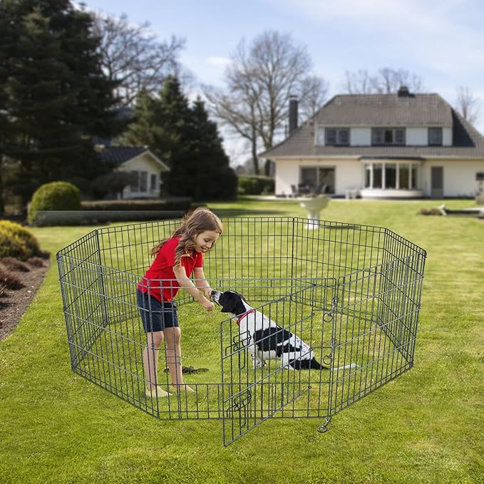 NEZUC Foldable Metal Dog Exercise Playpen Gate Fence Dog Crate 8 Panels 24 Inch Height Puppy Kennels with Top Cover/Bottom Pad for Animals Outdoor Indoor (Playpen+Top Cover, Brown, 36" H)