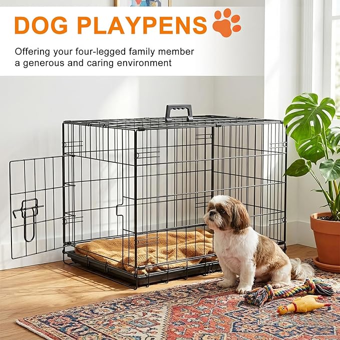 FDW 24inch Dog Crate Pet Cage with Metal Folding Design Plastic Tray Indoor Outdoor Dog Kennel Cage for Small Dogs,Black