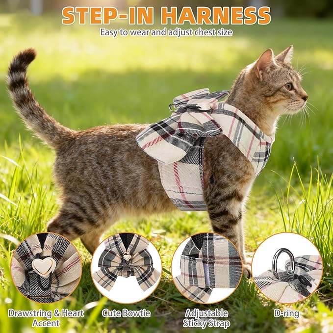 KOOLTAIL Cute Cat Harness and Leash Set with Bowtie, Small Dog Vest Harnesses, Step in No Pull Soft Mesh Padded Adjustable Plaid Pet Harness for Extra-Samll Medium Puppy Kitten, Boy Girl, Beige XS
