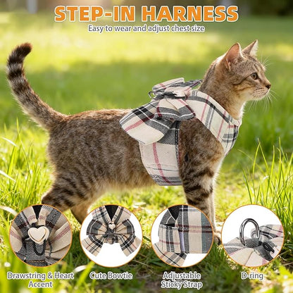 KOOLTAIL Cute Cat Harness and Leash Set with Bowtie, Small Dog Vest Harnesses, Step in No Pull Soft Mesh Padded Adjustable Plaid Pet Harness for Extra-Samll Medium Puppy Kitten, Boy Girl, Beige XS
